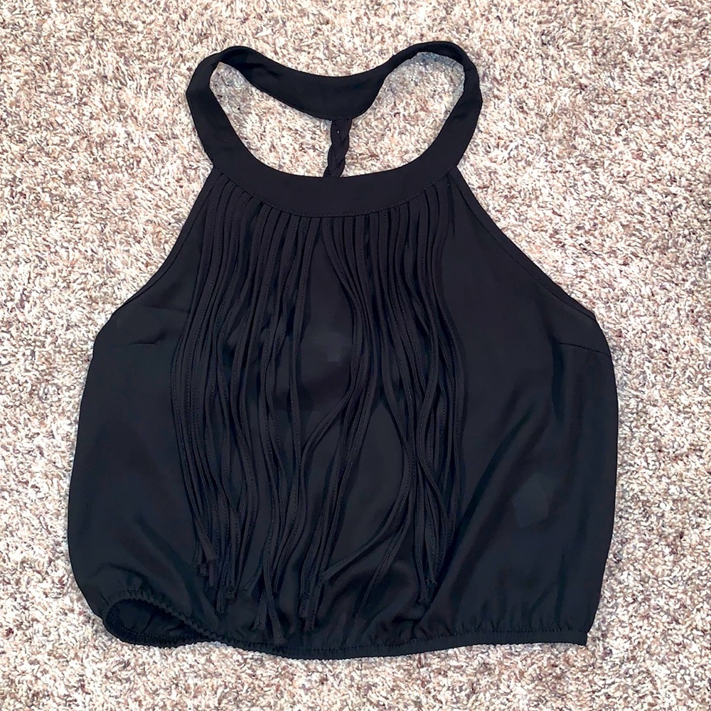 Sheer black top, fringe detail, size M